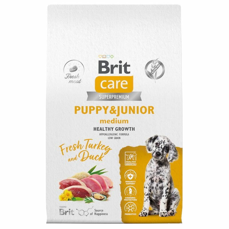 Корм для щенков средних пород Brit Care Superpremium Dog Puppy&Junior M, утка и индейка, 1,5 кг