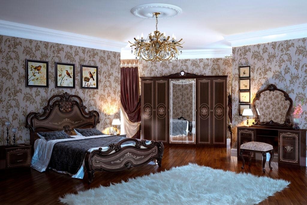 Спальный гарнитур Мэри Грация орех (кровать 160х200 шелкогр, шкаф 6дв, тумбочки 2шт, кроватное основание, туал. стол, зеркало)