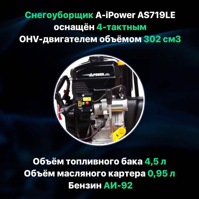 Снегоуборочная машина A-iPower AS719LE / Снегоуборщик самоходный бензиновый 4-тактный двигатель 302 куб см 9 л.с. 6600 Вт легкий старт бак 4,5 л - фотография № 4