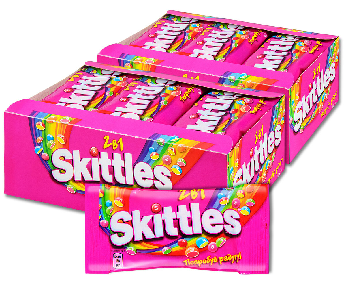 Жевательные драже Skittles 2в1 (5 двойных вкусов), 38 г, 24 шт.