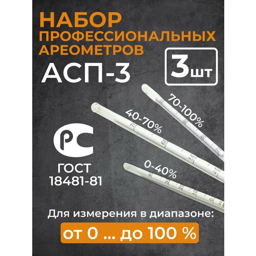 Набор ареометров АСП-3, 0-40%, 40-70%, 70-100%, с пластиковым футляром
