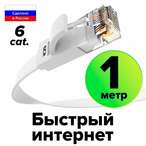фото Патч-корд gcr prof плоский utp cat.6 10 гбит/с rj45 lan кабель для интернета контакты 24k gold (gcr-lnc62) белый 1.0м