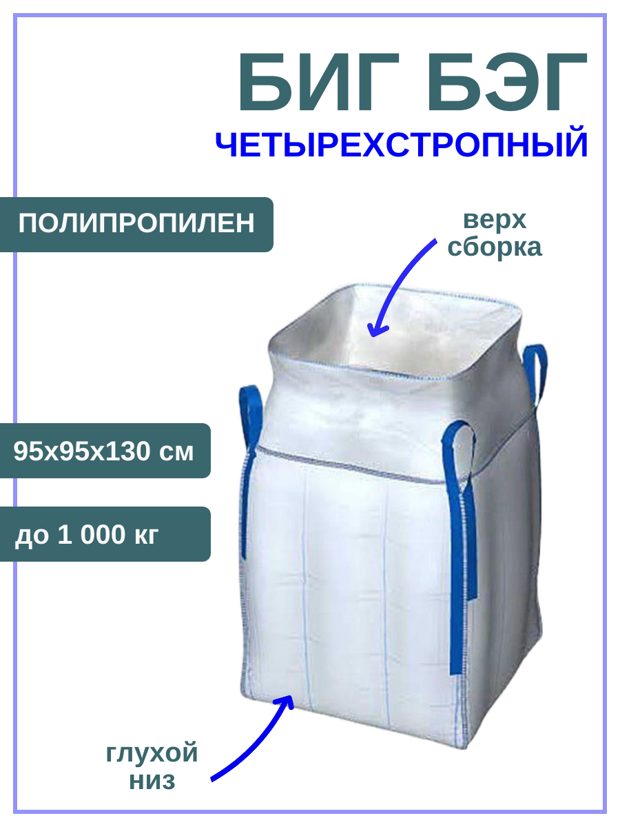Четырехстропный мягкий контейнер разовый полипропиленовый Биг Бэг 95х55х130 см до 1000 кг с глухим низом и сборкой