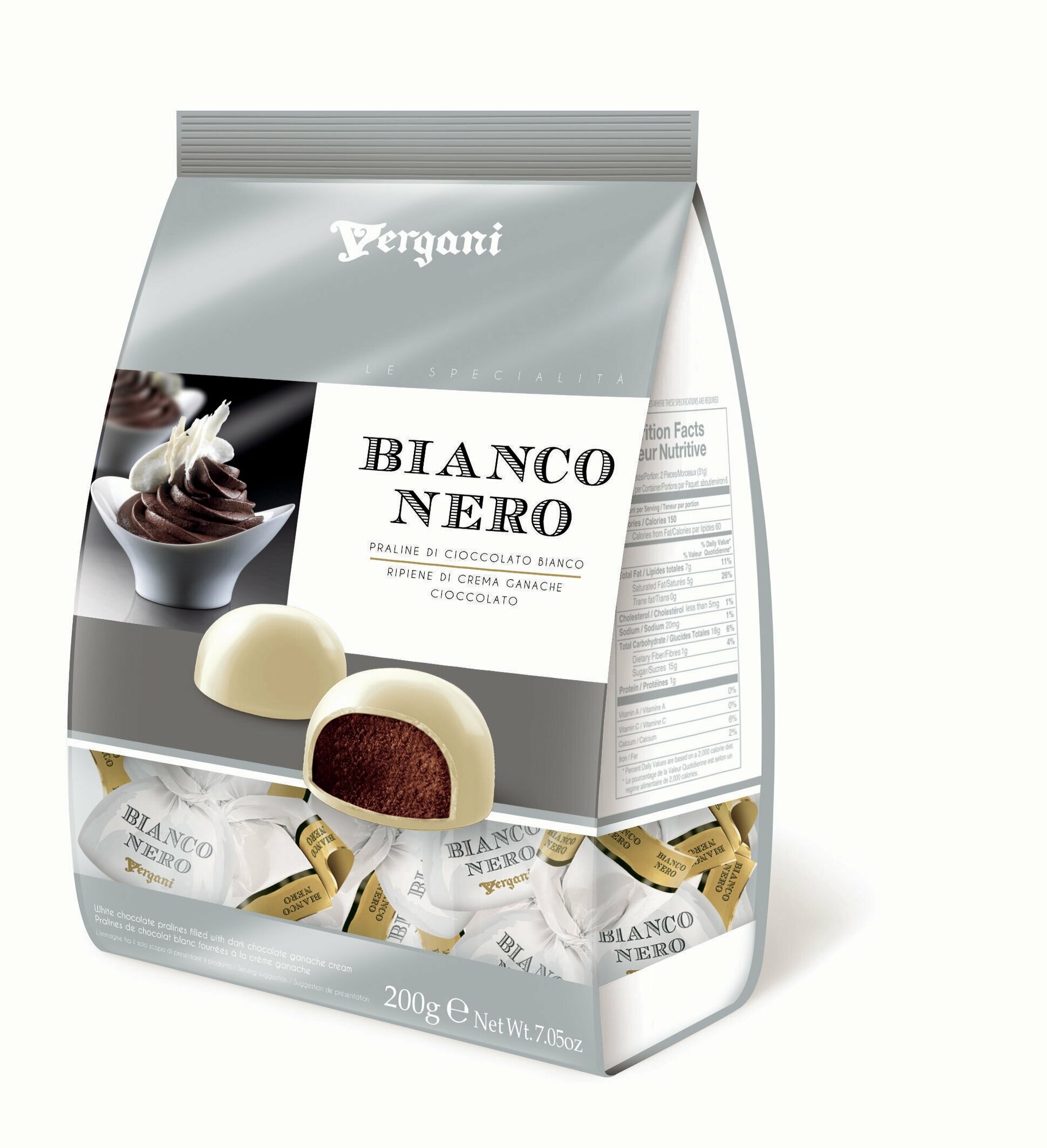 Конфеты Итальянские Vergani Bianconero, пралине из белого шоколада с начинкой из шоколадного ганаша, 56%, 200г