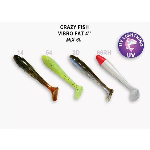 Силиконовая приманка мягкая съедобная Crazy Fish Vibro Fat 4' MIX 60 10 см 4 шт. силиконовая приманка мягкая съедобная crazy fish vibro fat 3 2 80 мм 73 80 18 6 5 шт