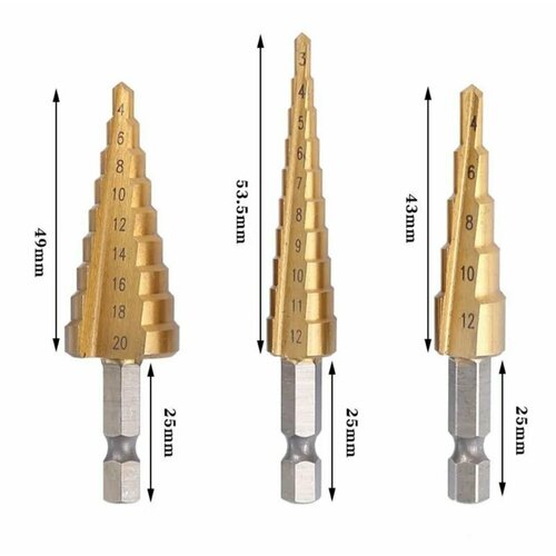Набор ступенчатых сверл с шестигранным хвостовиком 3 шт ступенчатые сверла с титановым покрытием 3 12 мм 4 12 мм 4 20 мм