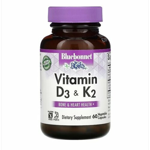 Bluebonnet витамины D3 и K2, 60 вегетарианских капсул