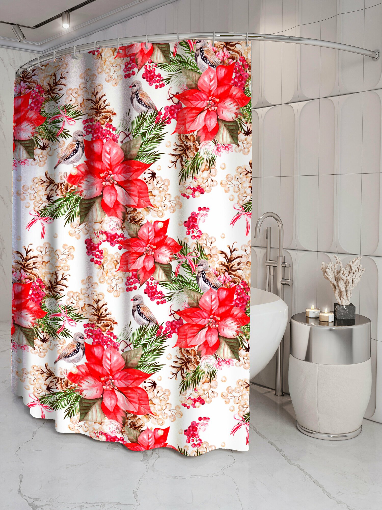 фото Штора для ванной "Красный цветок и птица",170x200 см с кольцами