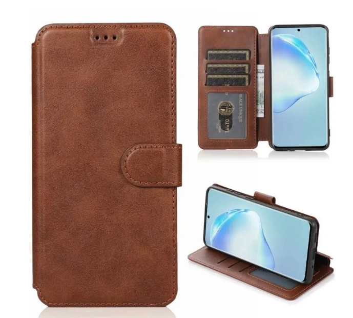 Чехол книжка для Samsung Galaxy S23 FE кожаный коричневый с магнитной застежкой, flip чехол с функцией подставки, отделением для пластиковых карт и денег