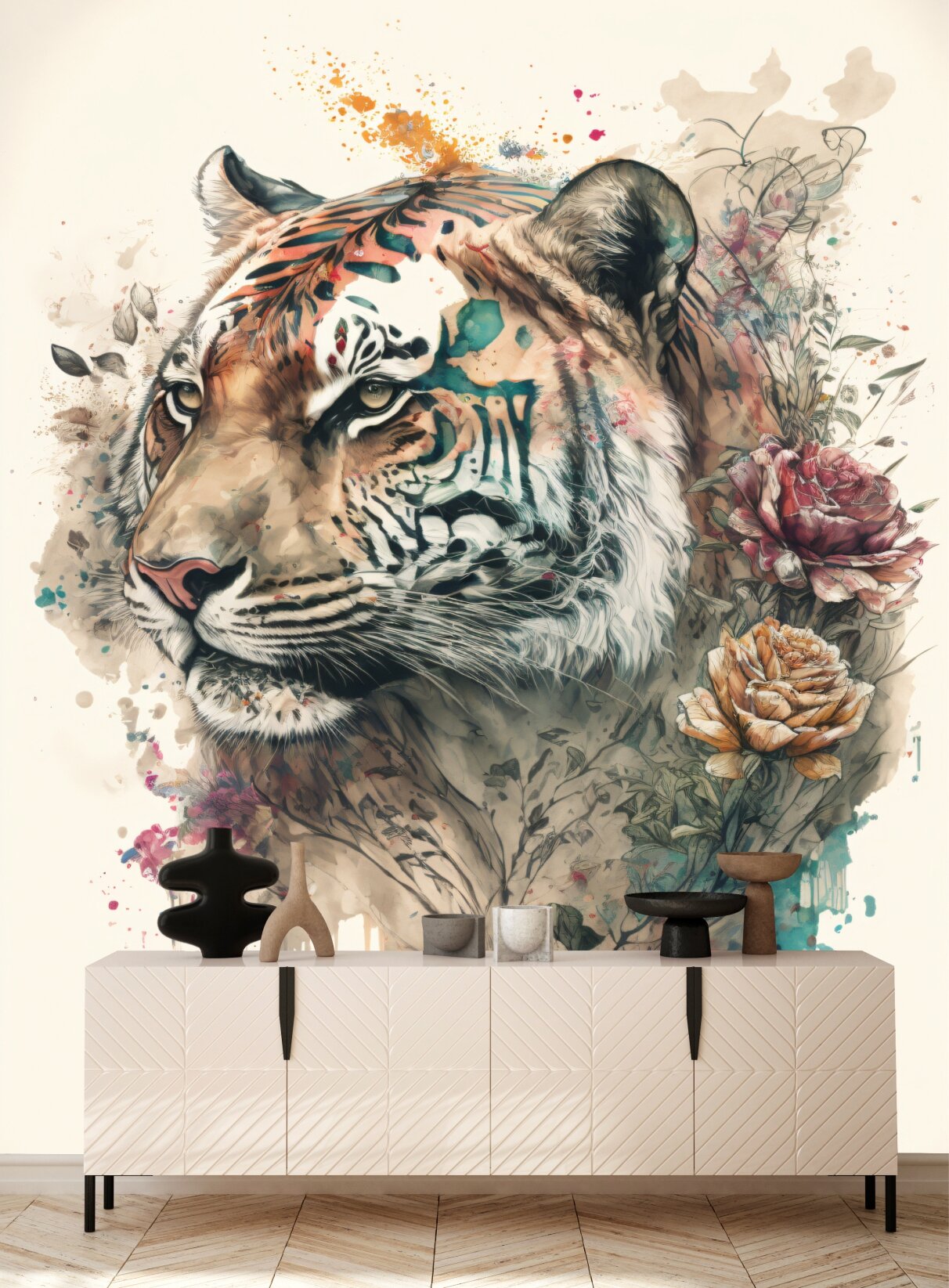 Фотообои "Тигр с цветами, акварель" 200*260 см для спальни, кухни, гостиной