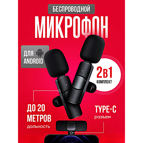 Микрофон беспроводной петличный, Комплект из 2 микрофонов с разъемом Type-C для Android, Петлички для стрима, Черный