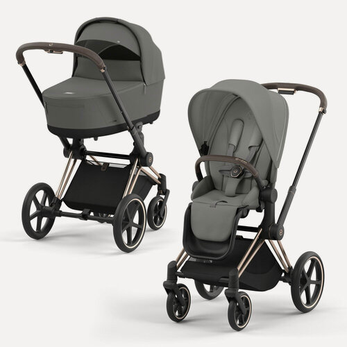 Изображение товара Cybex Priam IV Mirage Grey коляска 2 в 1 шасси розовое золото с коричневой ручкой, полная комплектация (адаптер, оригинальный дождевик 2 шт)