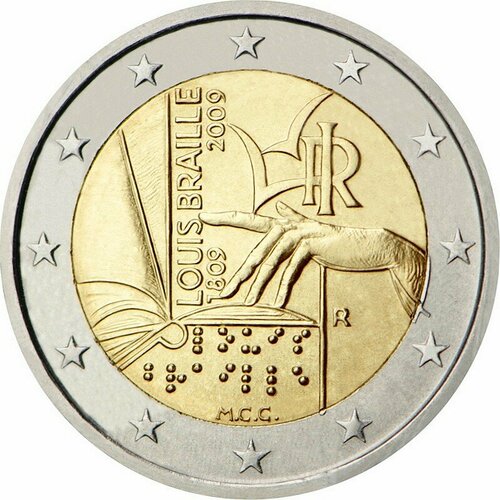 Италия 2 евро 2009. 200 лет со дня рождения Луи Брайля