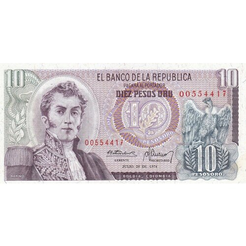 Колумбия 10 песо 1974 г. колумбия 5000 песо 1993 г мигель антонио каро тобар unc