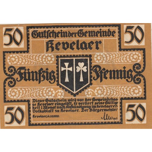 Германия (Веймарская Республика) Кевелар 50 пфеннигов 1921 г. германия веймарская республика штафенхаген 50 пфеннигов 1921 г