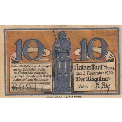 Германия (Веймарская Республика) Хальберштадт 10 пфеннигов 1920 г. (Вид 1) (4) германия веймарская республика хальберштадт 25 пфеннигов 1920 г вид 1