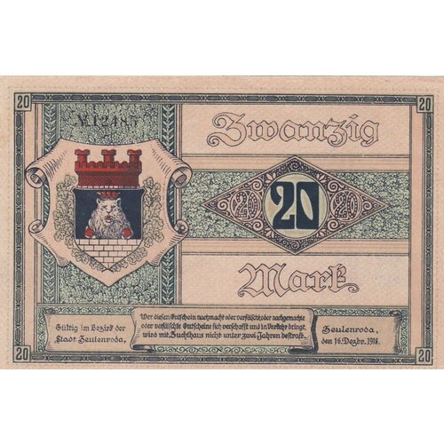 Германия (Германская Империя) Цойленрода 20 марок 1918 г. клуб нумизмат банкнота 20 марок финляндии 1918 года