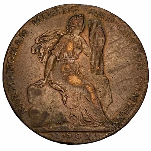 Великобритания, Уорикшир токен 1/2 пенни 1792 г. (Бирмингемская горно-медная компания) 1792 монета голландская ост индская компания 1792 год 1 стивер вензель компании медь vf