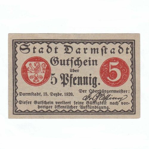 Германия (Веймарская Республика) Дармштадт 5 пфеннигов 1920 г. германия веймарская республика виттен 5 пфеннигов 1920 г