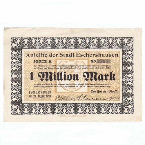 саксонская золотая ипотечная облигация в 1000 золотых марок 1926 г Германия (Веймарская Республика) Эшерсхаузен 1000000 марок 1923 г.