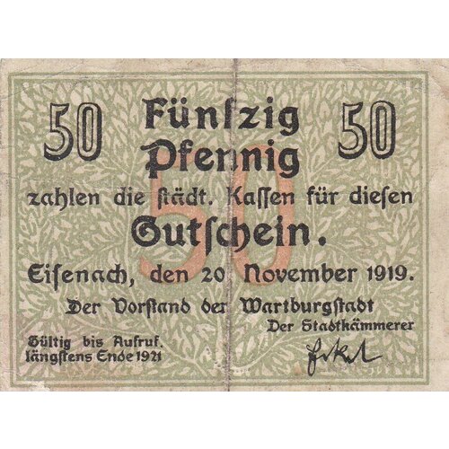 Германия (Веймарская Республика) Айзенах 50 пфеннигов 1919 г. германия веймарская республика айзенах 50 пфеннигов 1919 г