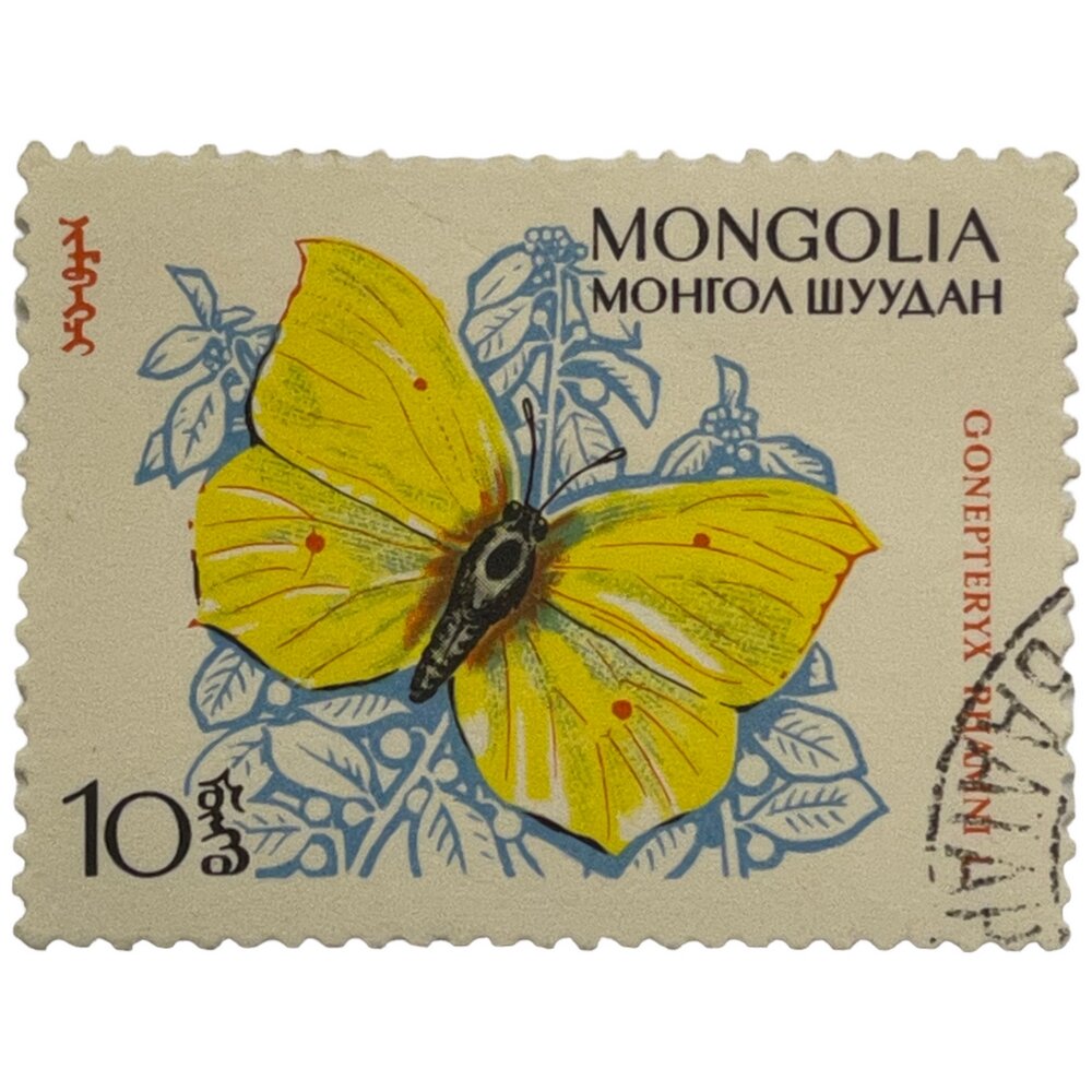Почтовая марка Монголия 10 мунгу 1963 г. Лимонная бабочка. Серия: Бабочки