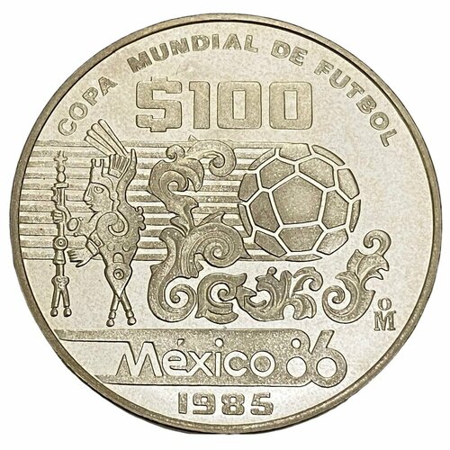 Мексика 100 песо 1985 г. (Чемпионат мира по футболу 1986 - Узоры и мяч) (Proof)