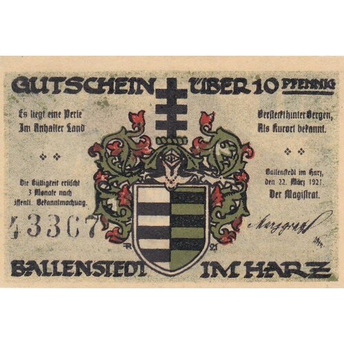 Германия (Веймарская Республика) Балленштедт 10 пфеннигов 22.03.1921 г. (№1)
