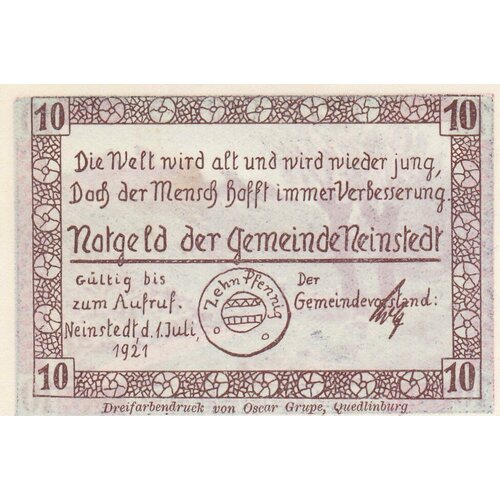 Германия (Веймарская Республика) Ниенштедт 10 пфеннигов 1921 г. германия веймарская республика ниенштедт 50 пфеннигов 1921 г