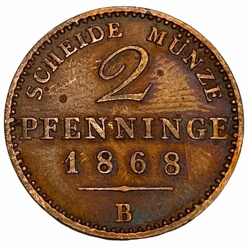Германия, Пруссия 2 пфеннига 1868 г. (B) клуб нумизмат монета 1 2 гульдена нидерланд 1868 года серебро вильгельм iii