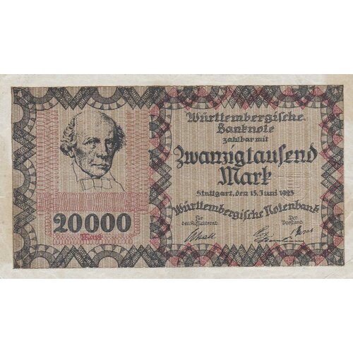 Германия (Веймарская Республика) Штутгарт 20000 марок 1923 г. клуб нумизмат банкнота 20000 колонес коста рики 2018 года пластик портрет