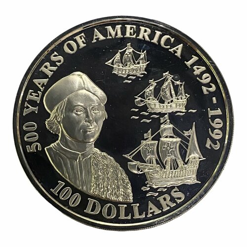 Острова Кука 100 долларов 1992 г. (500 лет Америке - Христофор Колумб) (Proof)