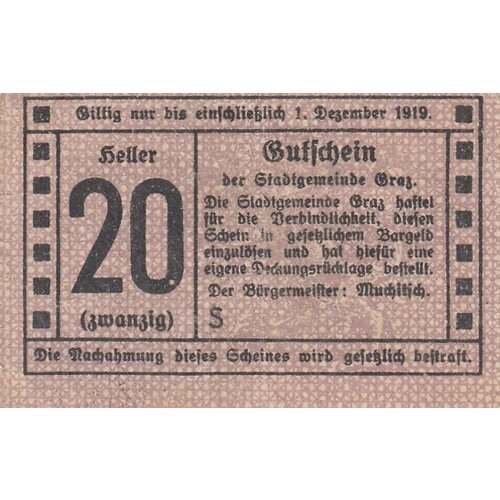 Австрия, Грац 20 геллеров 1914-1921 гг. непочтовая марка австрия грац 1896 велосипедный клуб