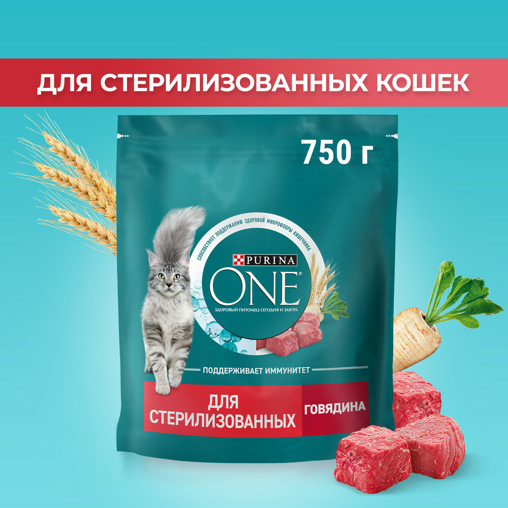 PURINA ONE 750 г сухой корм для стерилизованных кошек и кастрированных котов, с высоким содержанием говядины - фотография № 1