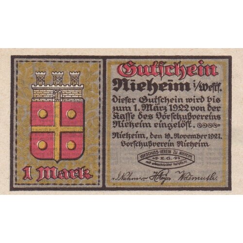 Германия (Веймарская Республика) Нихайм 1 марка 1921 г. германия веймарская республика медебах 1 марка 1921 г
