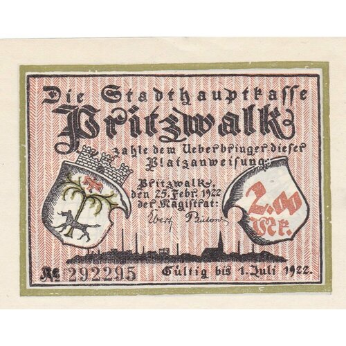 Германия (Веймарская Республика) Прицвальк 2 марки 1922 г. (№2)