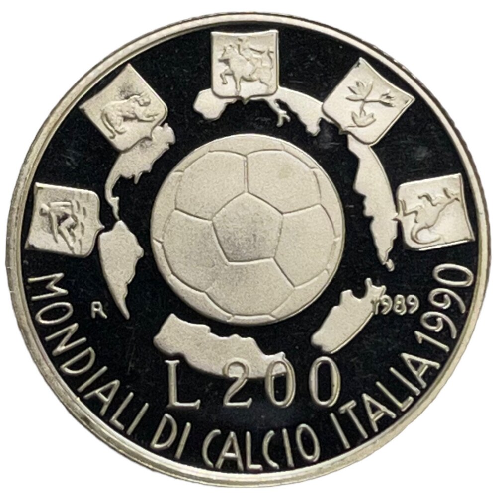 Италия 200 лир 1989 г. (Чемпионат мира по футболу 1990) (Proof)