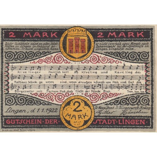 Германия (Веймарская Республика) Линген 2 марки 1922 г. (11) германия веймарская республика вайнхайм 2 марки 1922 г