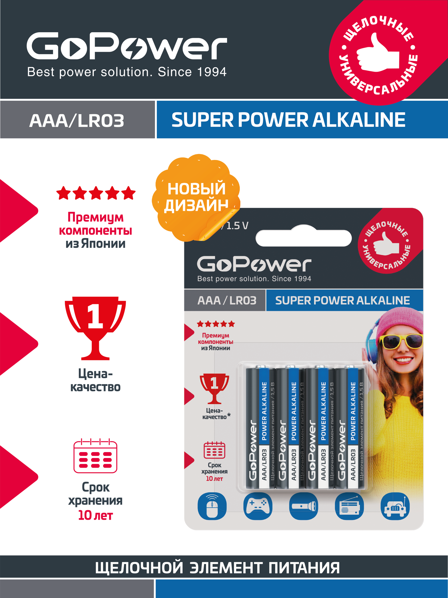 Батарейка GoPower LR03 AAA BL4 Alkaline 1.5V (4/48/576) блистер (4 шт.) Батарейка GoPower LR03 AAA (00-00015602) - фото №1