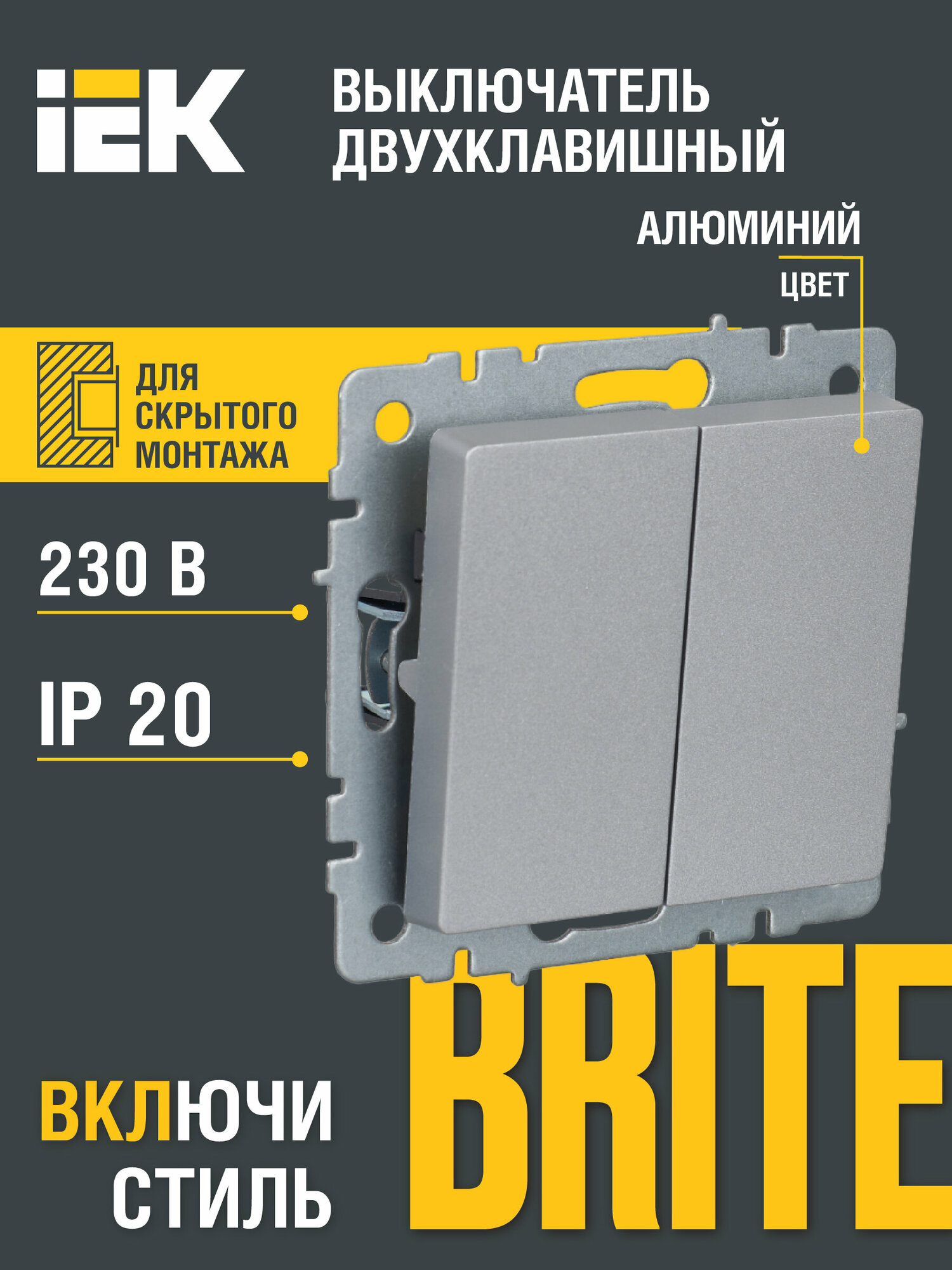 IEK BRITE Выключ. 2-кл. 10А ВС10-2-0-БрА алюм., IEK, арт.BR-V20-0-10-K47