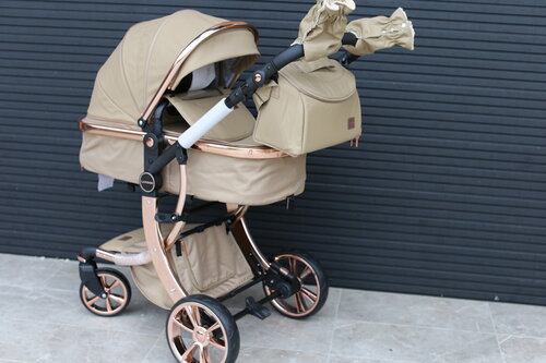 Детская коляска - трансформер 2в1 Teknum 608 С реверсивным блоком Экокожа С сумкой и муфта для рук в комплекте, коричневая