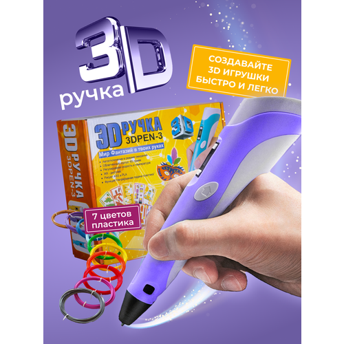 3D ручка 3DPEN-3 с набором пластика 70 метров и трафаретами для 3д рисования, фиолетовая
