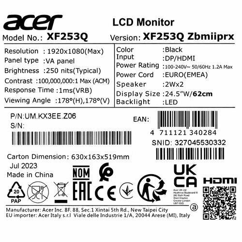245" Монитор Acer Nitro XF253QZbmiiprx 1920x1080 250 Гц *VA