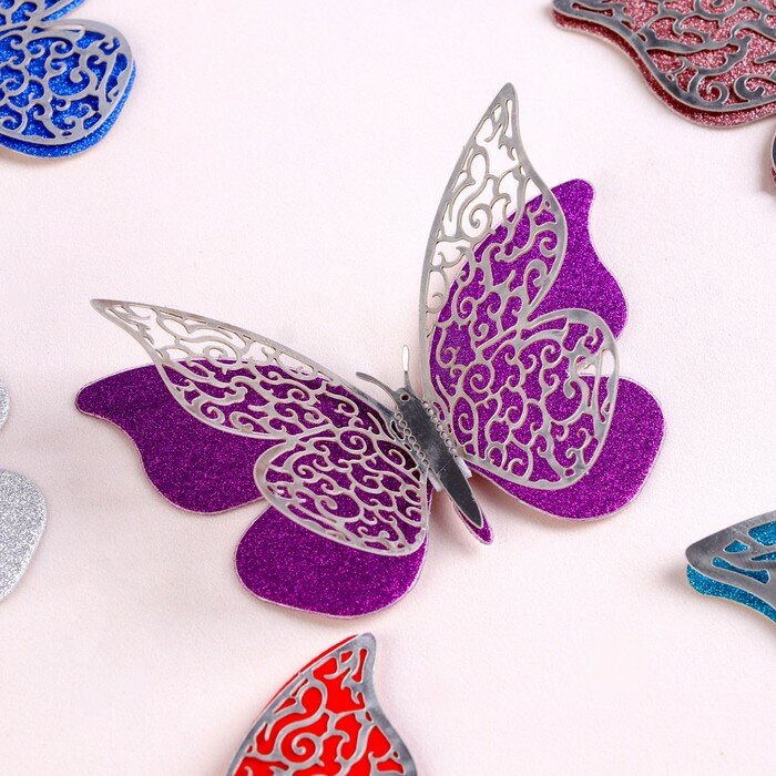 Набор для украшения "Бабочки", серебряный слой, 12 штук, цвета микс
