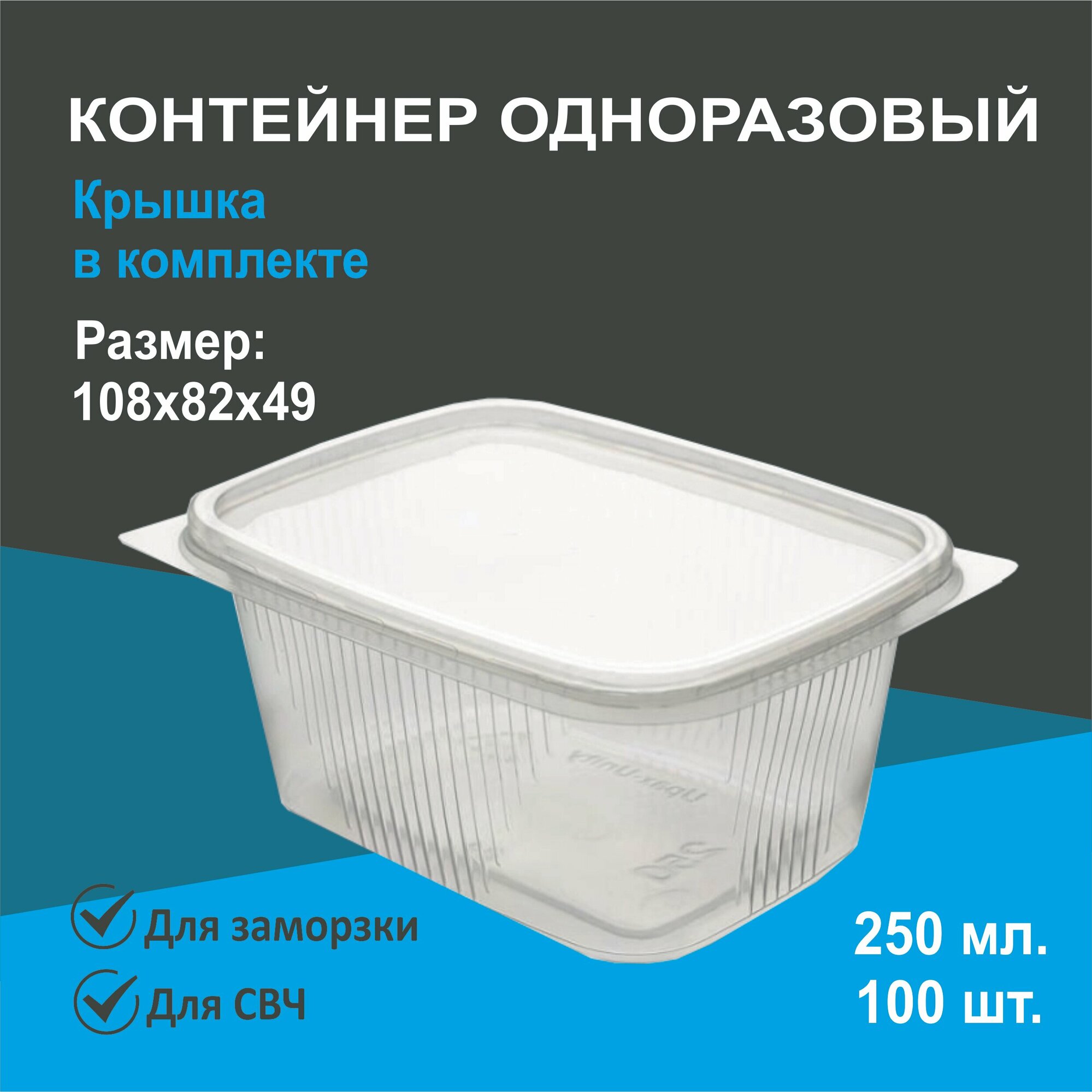 Контейнер одноразовый для продуктов с зажимной крышкой, 250 мл, комплект 100 шт.