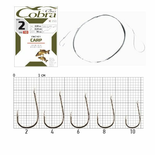 фото Крючки с поводком cobra carp 70cm, 0,20mm, разм.4, 10шт.