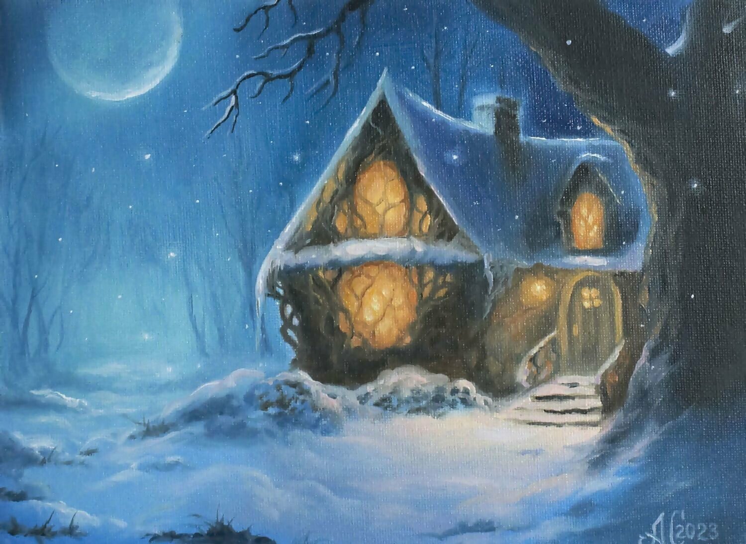 Картина маслом ручной работы "Сказочный зимний дом", холст 18х24 см, миниатюра