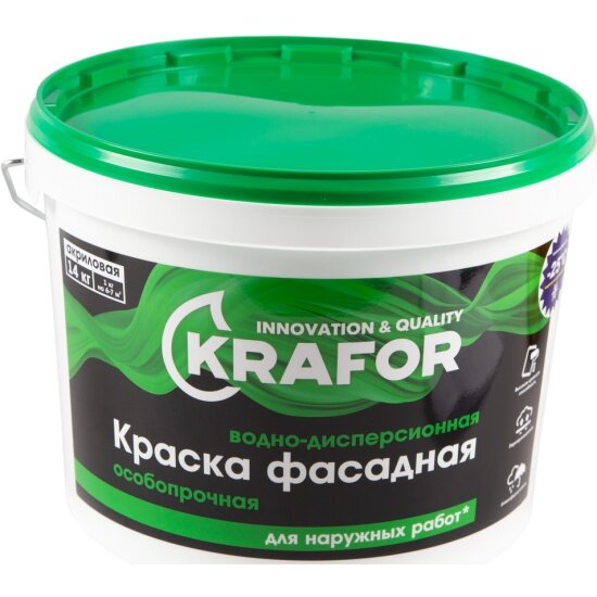 Краска водно-дисперсионная фасадная особопрочная Krafor , 14 кг, белая