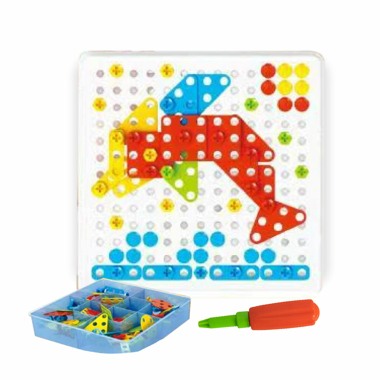 Развивающий детский конструктор CITIZEN ESS-23603 с отверткой и гаечным ключом / Креативная 2D и 3D мозаика, 236 деталей, игровое поле с контейнером, 3+