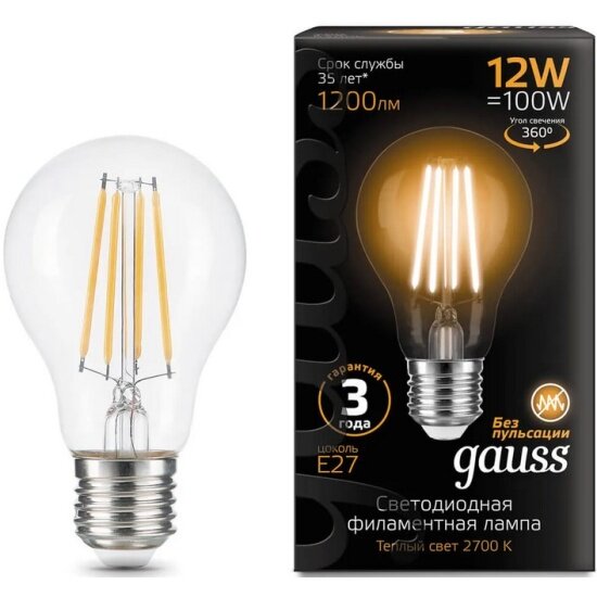 Светодиодная лампа Gauss Filament А60 12W 1200lm 2700К Е27 LED (упак 10шт)